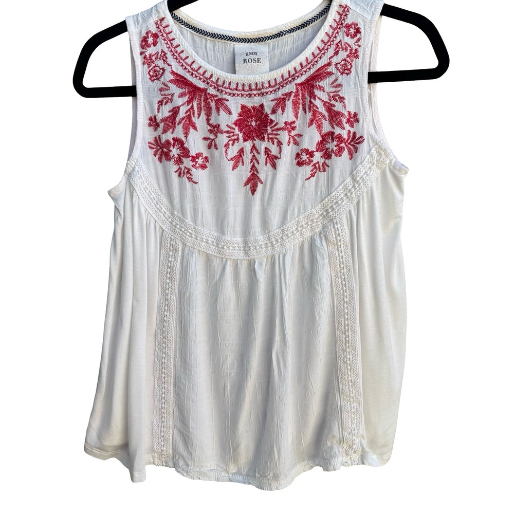 Knox Rose Boho Cottagecore Peasant Embroidered Airy Floral Lace Sleeveless Top S